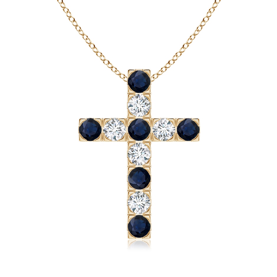 3mm A Flat Prong-Set Blue Sapphire and Diamond Cross Pendant in Yellow Gold 