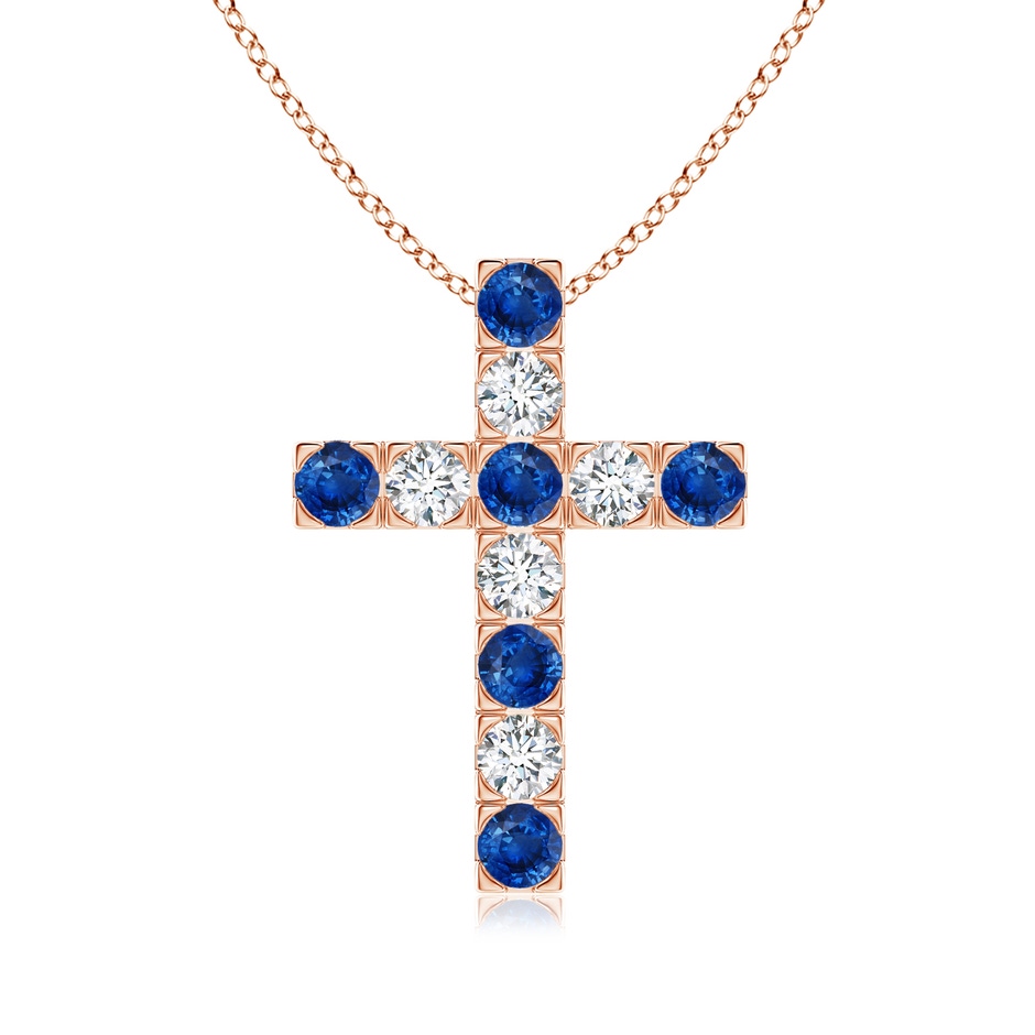 3mm AAA Flat Prong-Set Blue Sapphire and Diamond Cross Pendant in Rose Gold 