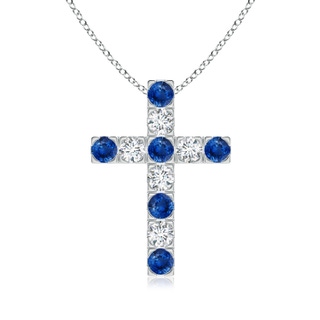 3mm AAA Flat Prong-Set Blue Sapphire and Diamond Cross Pendant in White Gold