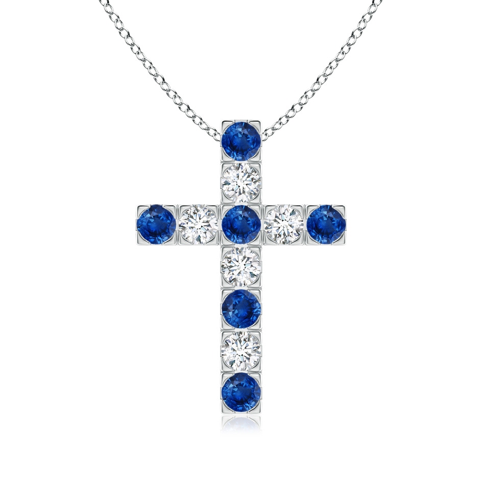 3mm AAA Flat Prong-Set Blue Sapphire and Diamond Cross Pendant in White Gold 
