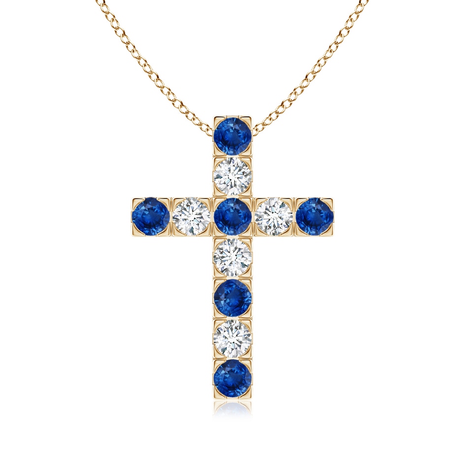 3mm AAA Flat Prong-Set Blue Sapphire and Diamond Cross Pendant in Yellow Gold 