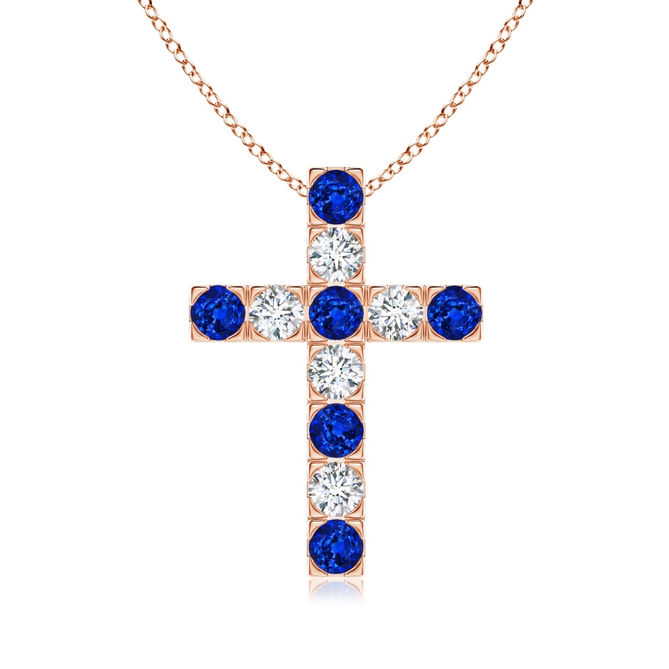 3mm AAAA Flat Prong-Set Blue Sapphire and Diamond Cross Pendant in Rose Gold 