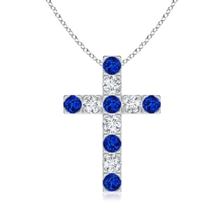 3mm AAAA Flat Prong-Set Blue Sapphire and Diamond Cross Pendant in White Gold