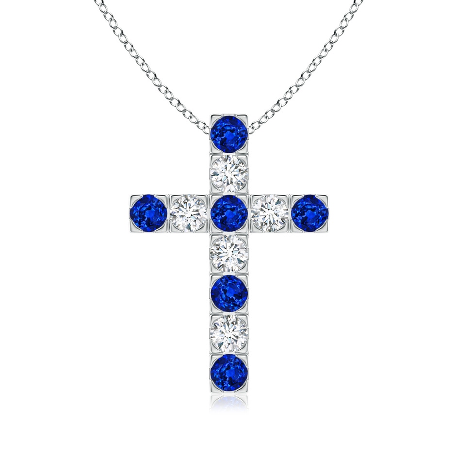 3mm AAAA Flat Prong-Set Blue Sapphire and Diamond Cross Pendant in White Gold 