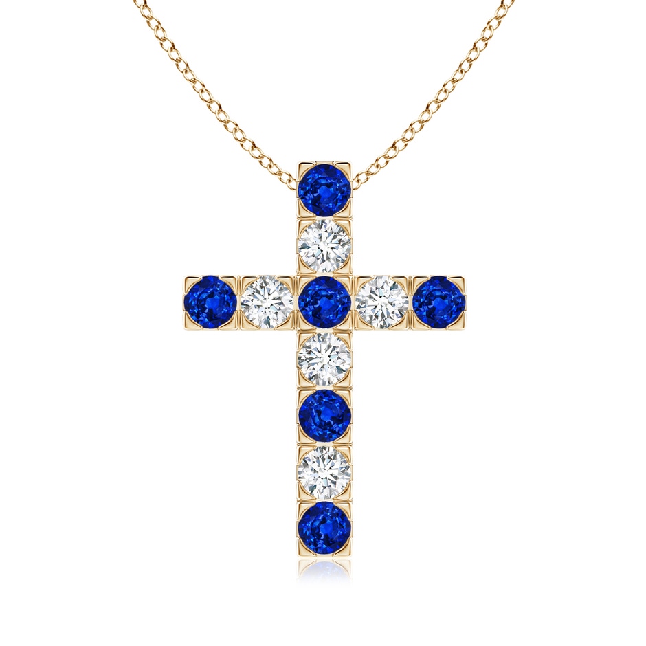 3mm AAAA Flat Prong-Set Blue Sapphire and Diamond Cross Pendant in Yellow Gold 