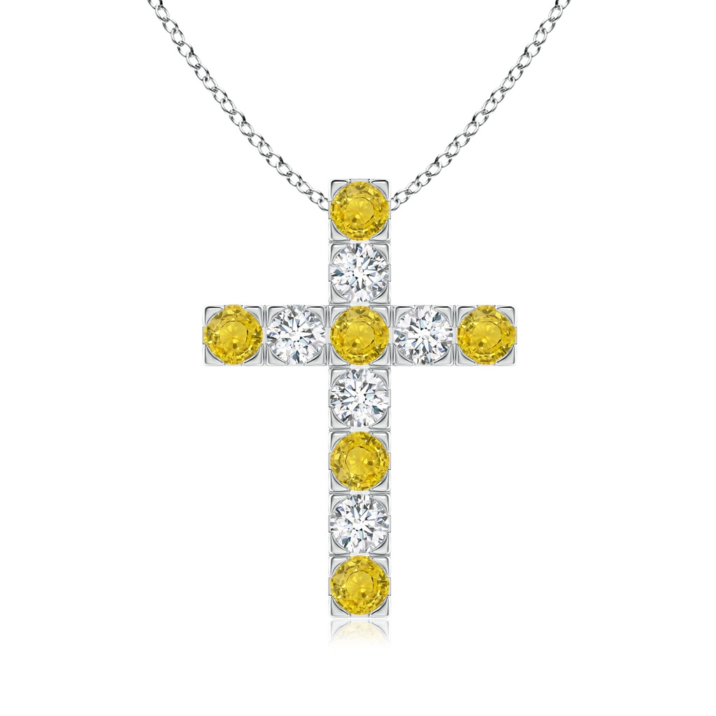 3mm AAA Flat Prong-Set Yellow Sapphire and Diamond Cross Pendant in White Gold