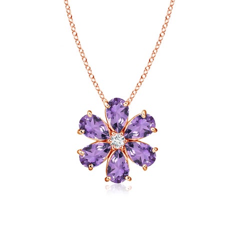6x4mm A Amethyst Flower Cluster Pendant with Diamond in Rose Gold