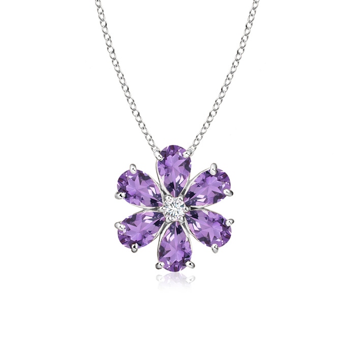 6x4mm A Amethyst Flower Cluster Pendant with Diamond in White Gold 