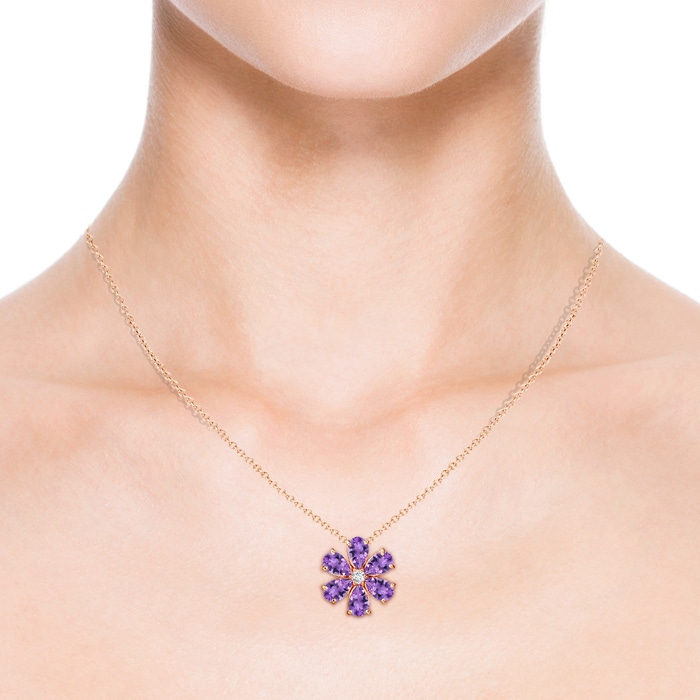 6x4mm AA Amethyst Flower Clustre Pendant with Diamond in 10K Rose Gold Product Image