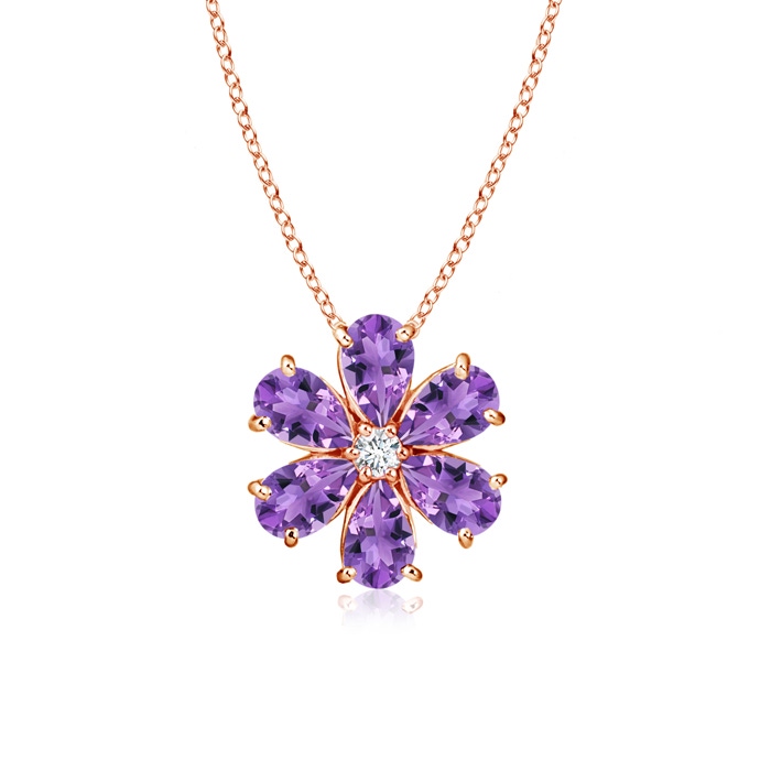 6x4mm AA Amethyst Flower Cluster Pendant with Diamond in Rose Gold 