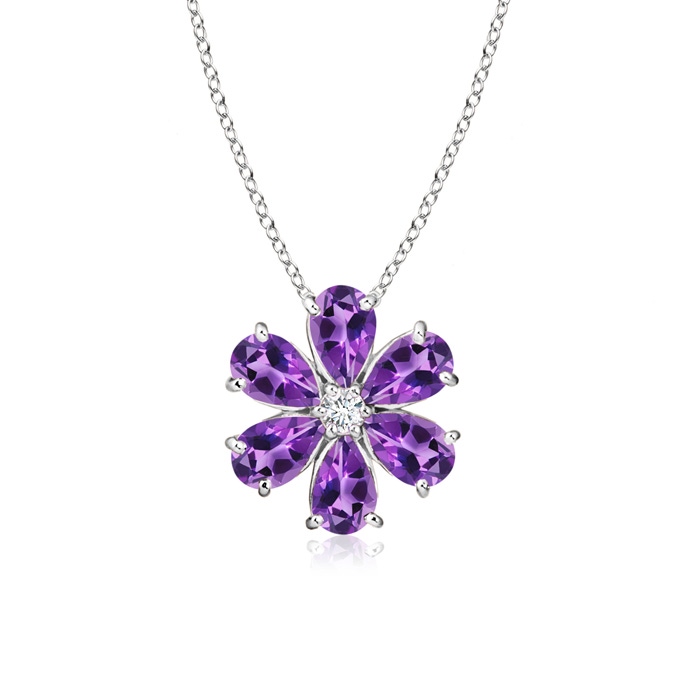 6x4mm AAA Amethyst Flower Clustre Pendant with Diamond in White Gold