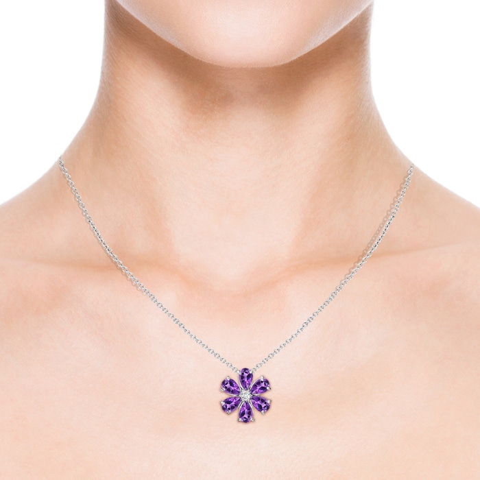 6x4mm AAA Amethyst Flower Clustre Pendant with Diamond in White Gold Product Image