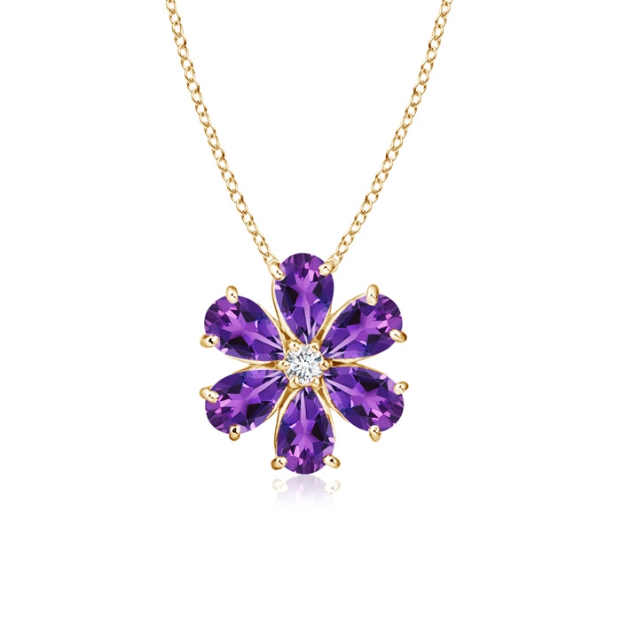 6x4mm AAAA Amethyst Flower Clustre Pendant with Diamond in Yellow Gold