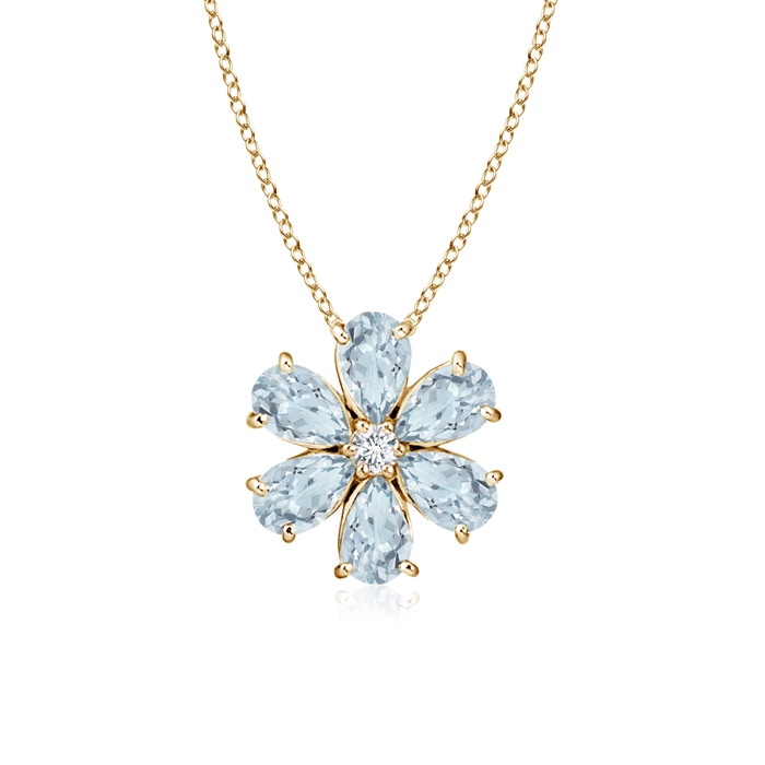 6x4mm A Aquamarine Flower Cluster Pendant with Diamond in Yellow Gold 