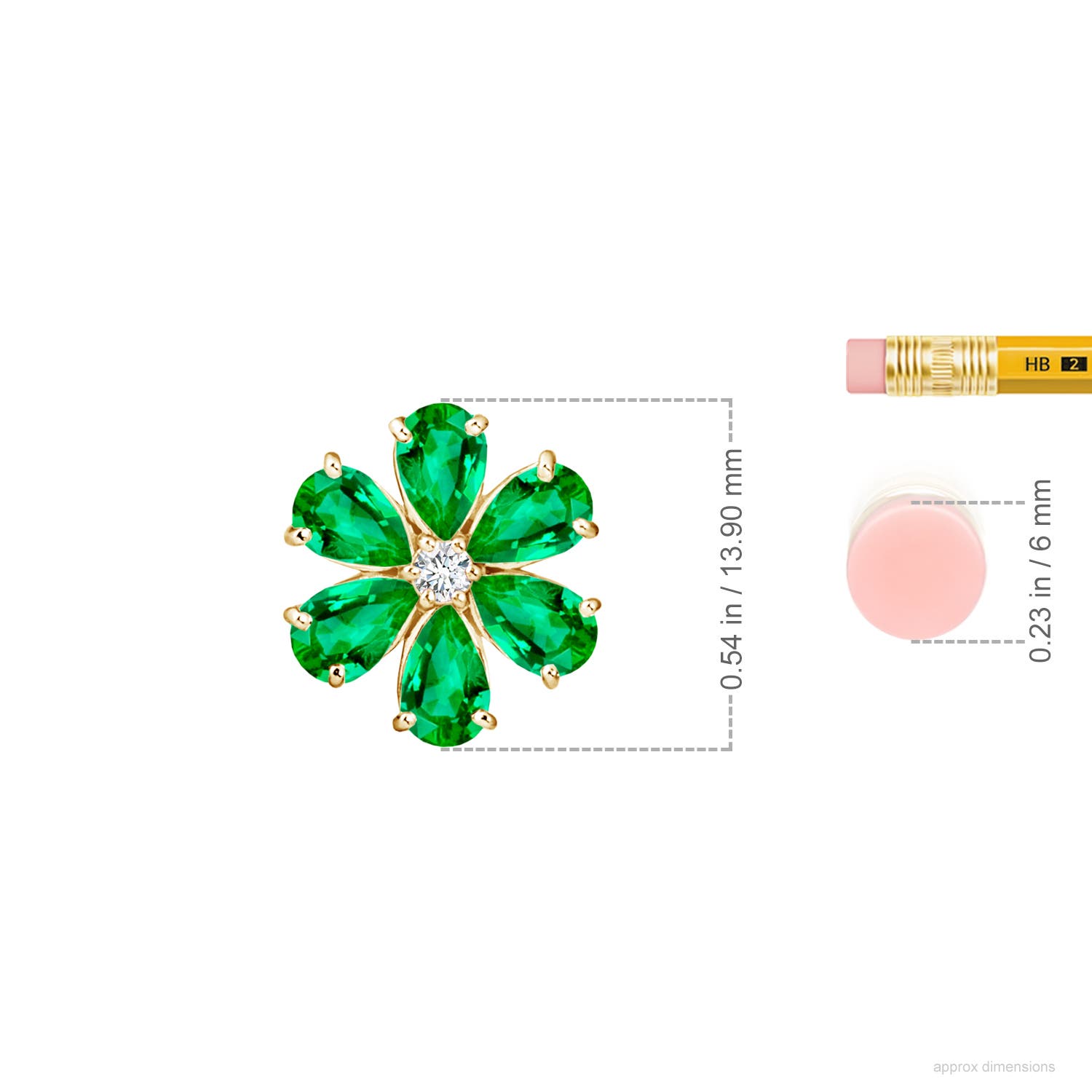 6x4mm AAA Emerald Flower Cluster Pendant with Diamond in Yellow Gold - ruler