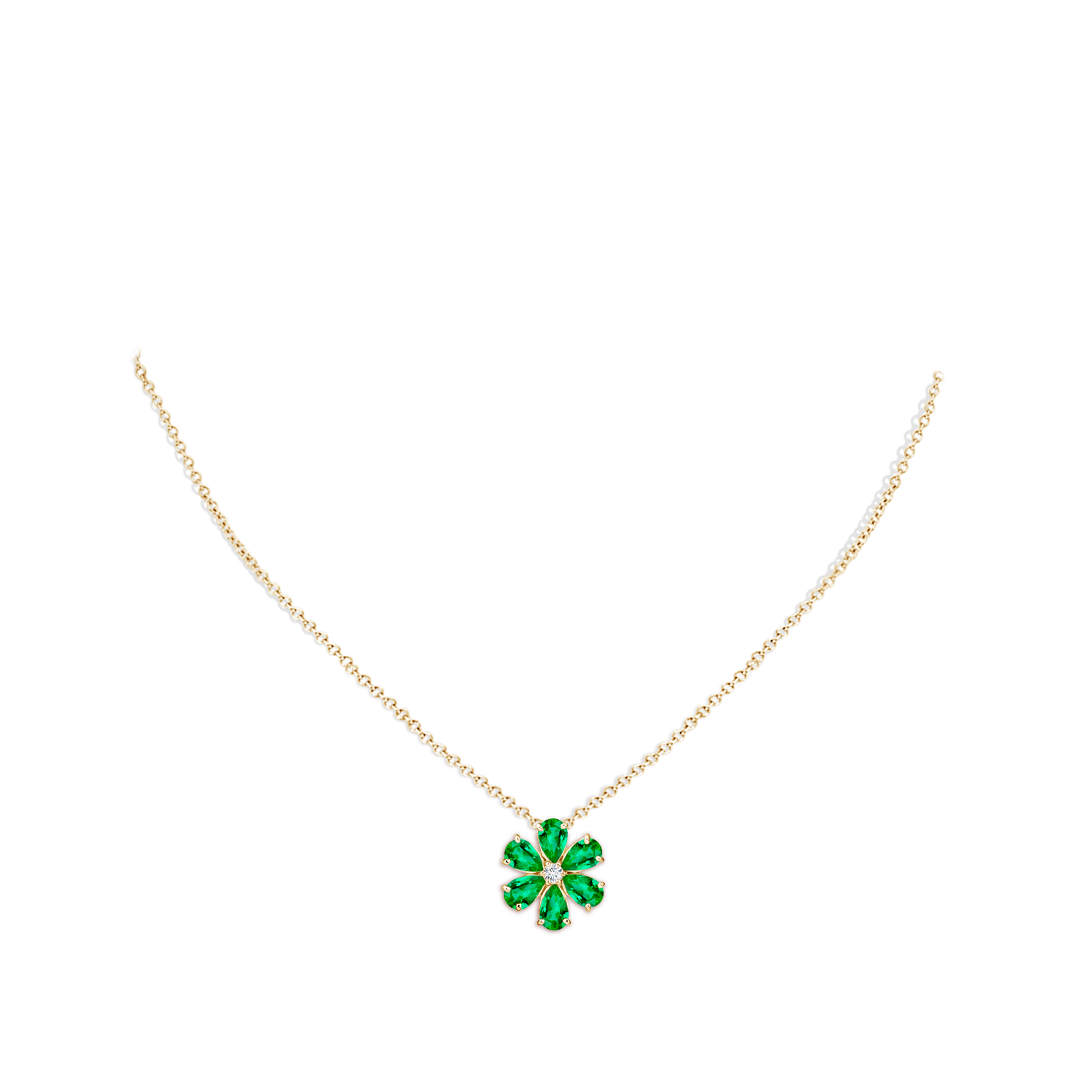 6x4mm AAA Emerald Flower Cluster Pendant with Diamond in Yellow Gold - body_neck