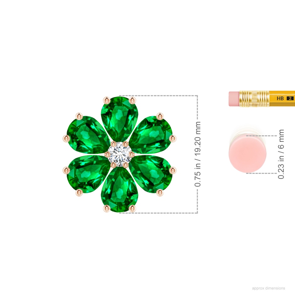 8x6mm AAAA Emerald Flower Cluster Pendant with Diamond in Rose Gold ruler