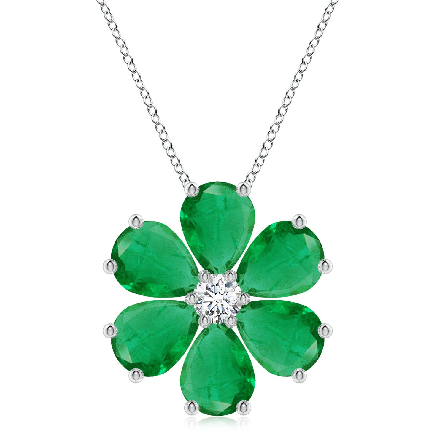 9x7mm AA Emerald Flower Cluster Pendant with Diamond in 18K White Gold