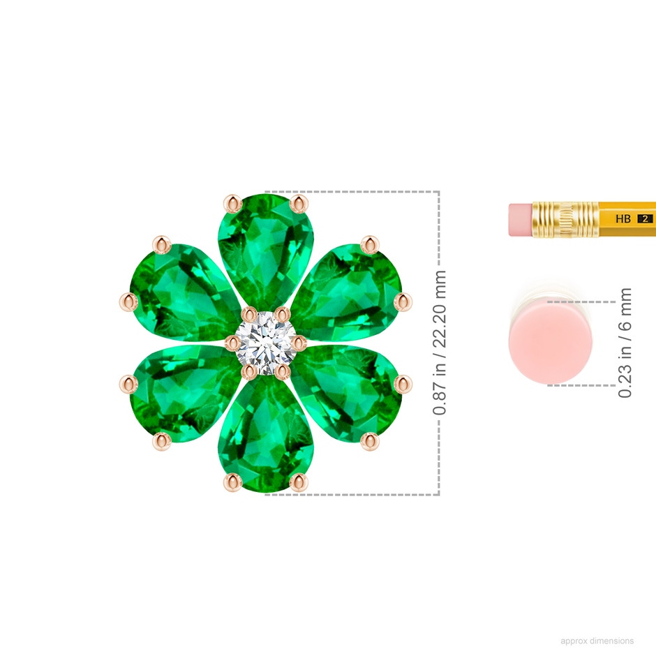 9x7mm AAA Emerald Flower Cluster Pendant with Diamond in Rose Gold ruler