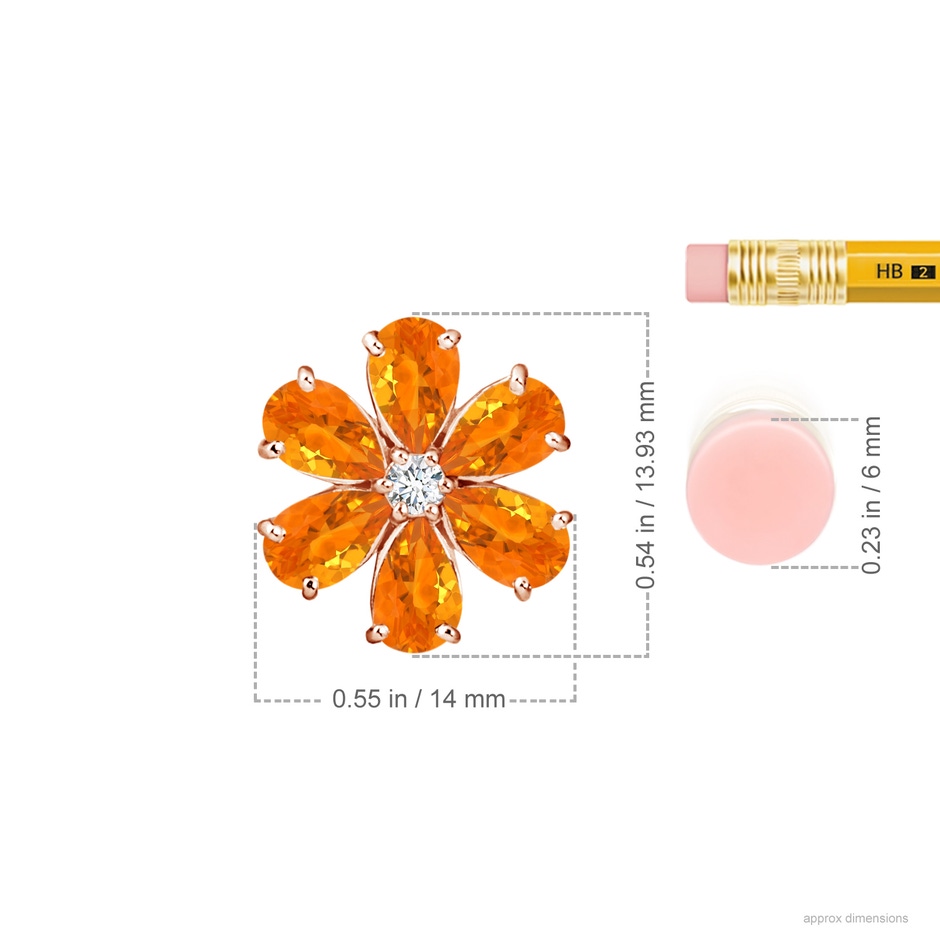 6x4mm AA Fire Opal Flower Cluster Pendant with Diamond in Rose Gold ruler