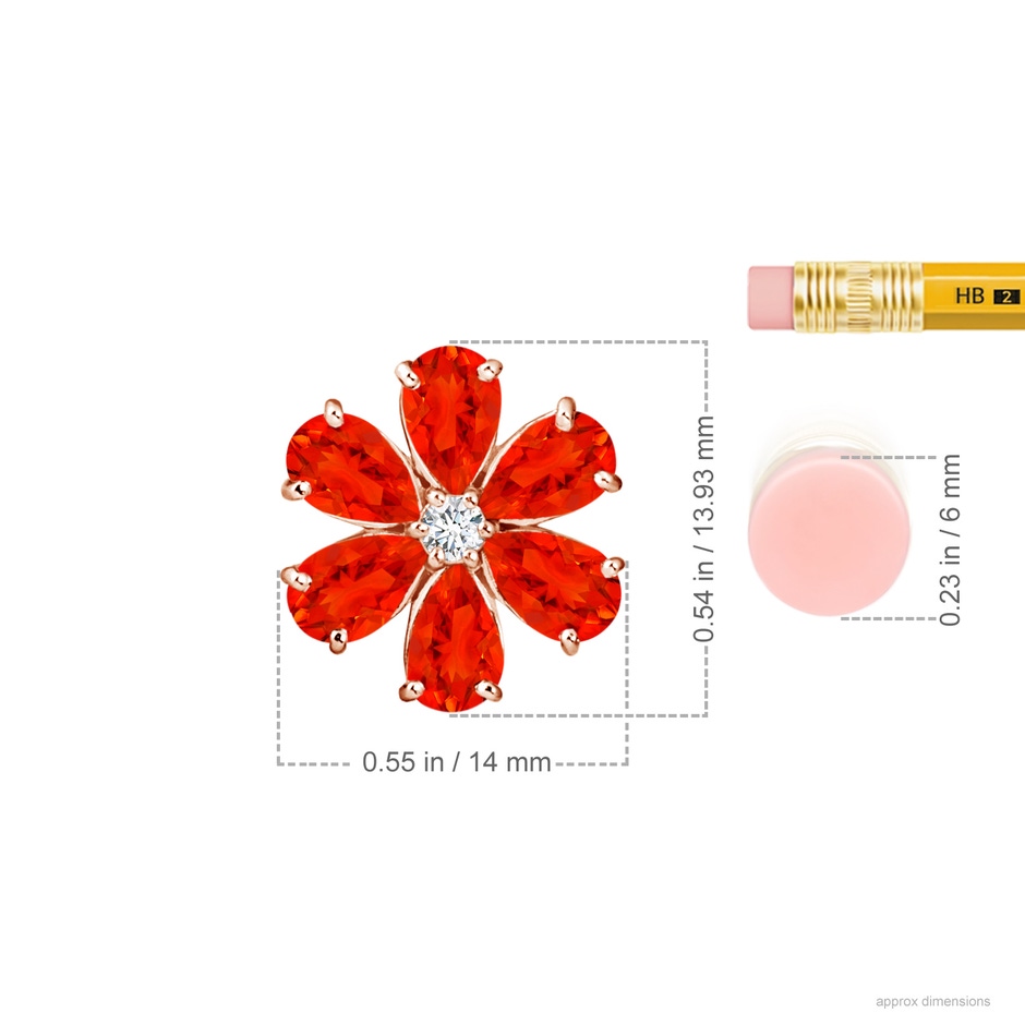 6x4mm AAAA Fire Opal Flower Cluster Pendant with Diamond in Rose Gold ruler