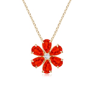 6x4mm AAAA Fire Opal Flower Cluster Pendant with Diamond in Yellow Gold