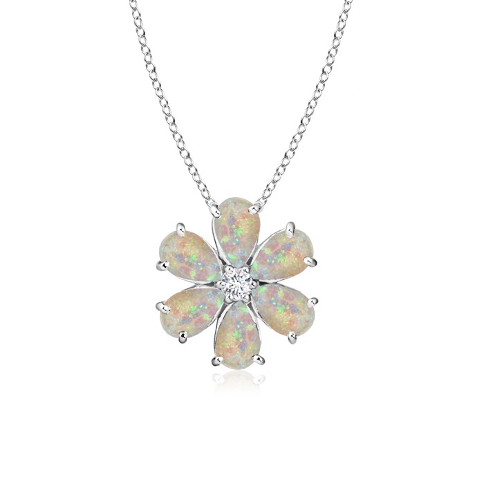 6x4mm AAAA Opal Flower Cluster Pendant with Diamond in White Gold