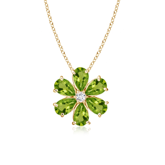 6x4mm AAAA Peridot Flower Cluster Pendant with Diamond in Yellow Gold