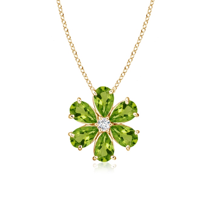 6x4mm AAAA Peridot Flower Clustre Pendant with Diamond in Yellow Gold 