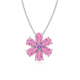 6x4mm A Pink Sapphire Flower Clustre Pendant with Amethyst in 9K White Gold