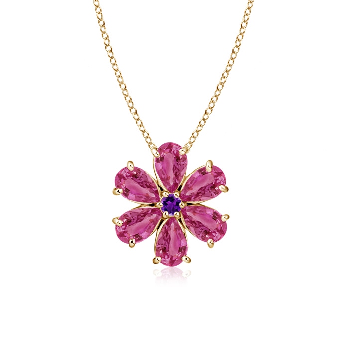 6x4mm AAAA Pink Sapphire Flower Clustre Pendant with Amethyst in Yellow Gold