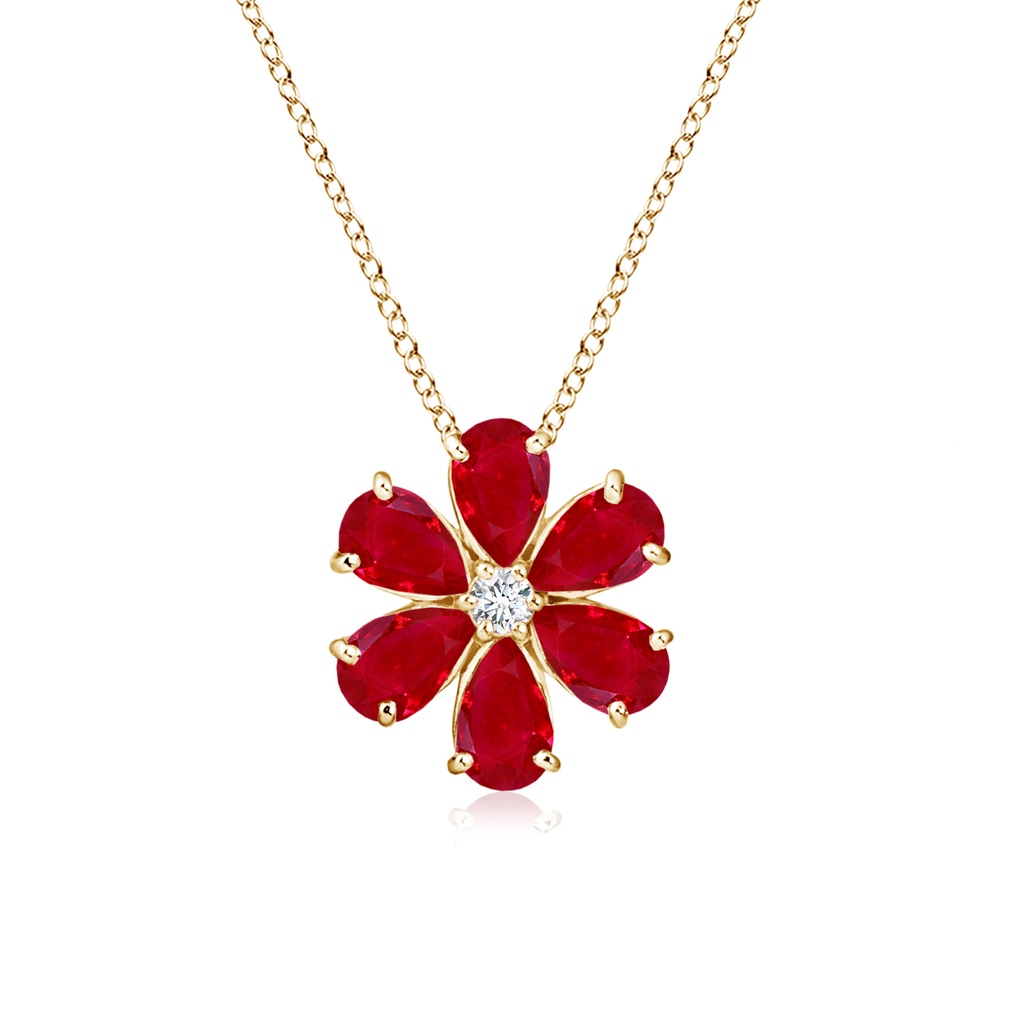 6x4mm AAA Ruby Flower Cluster Pendant with Diamond in Yellow Gold