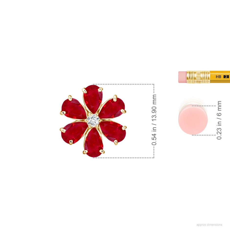 6x4mm AAA Ruby Flower Clustre Pendant with Diamond in Yellow Gold ruler