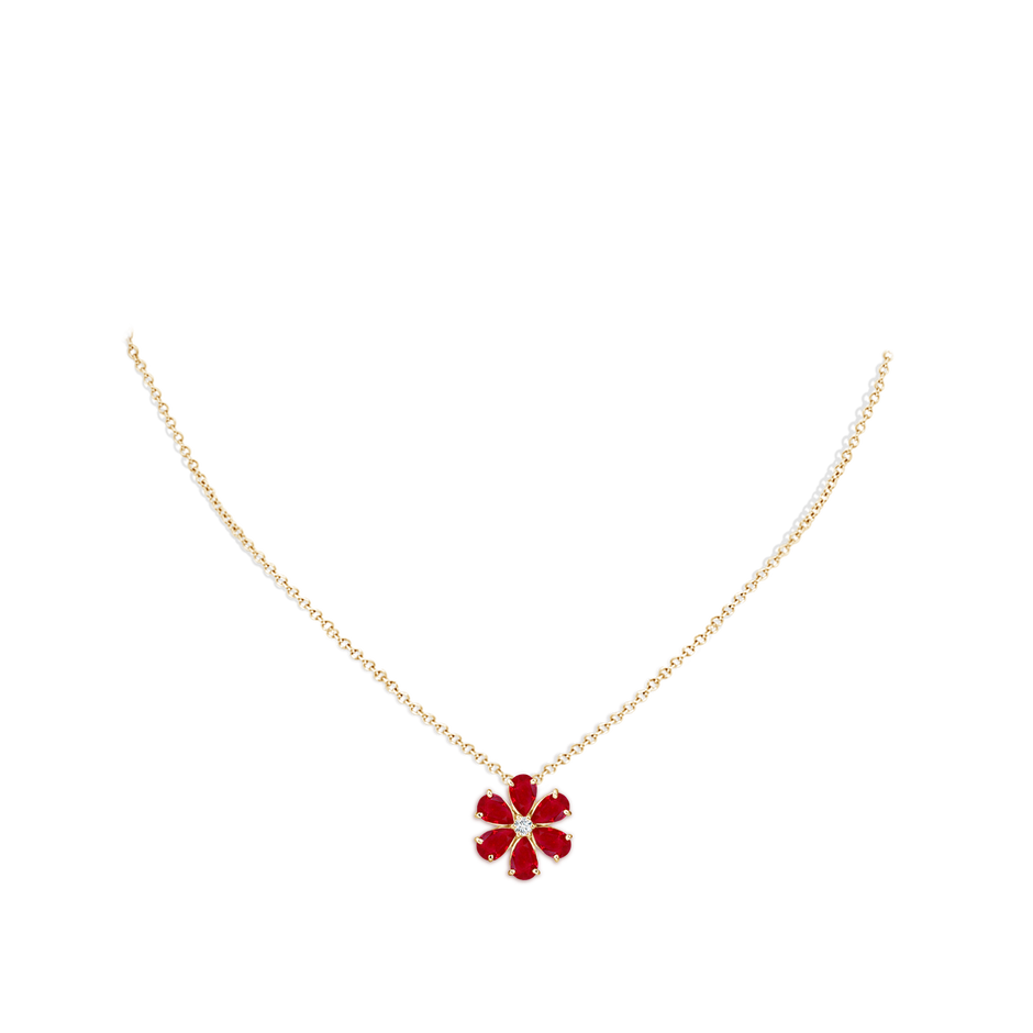 6x4mm AAA Ruby Flower Clustre Pendant with Diamond in Yellow Gold pen