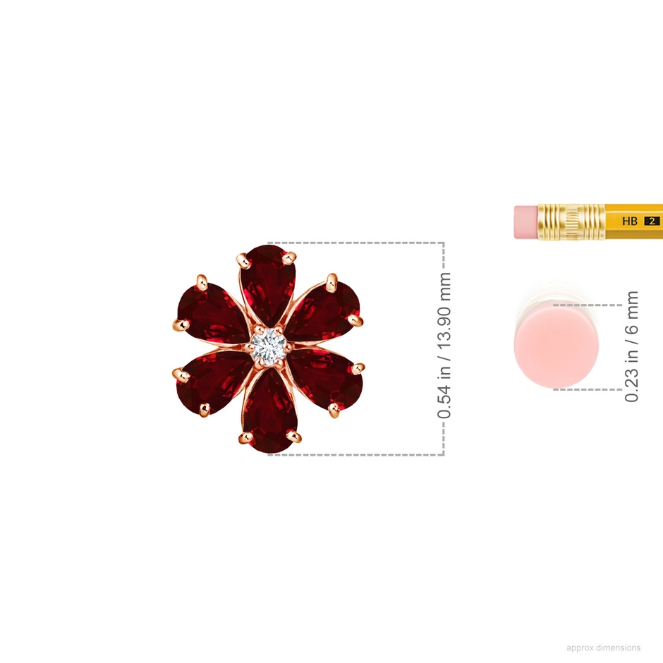 6x4mm AAAA Ruby Flower Clustre Pendant with Diamond in Rose Gold ruler