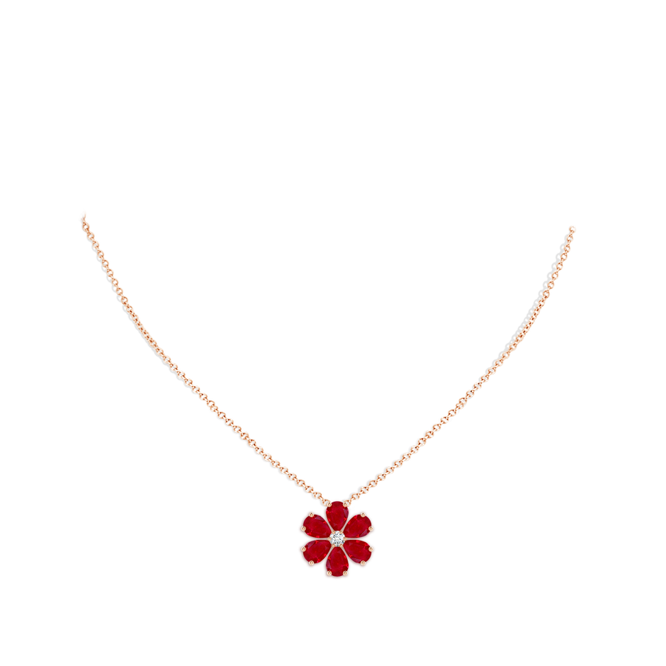 7x5mm AAA Ruby Flower Cluster Pendant with Diamond in Rose Gold pen