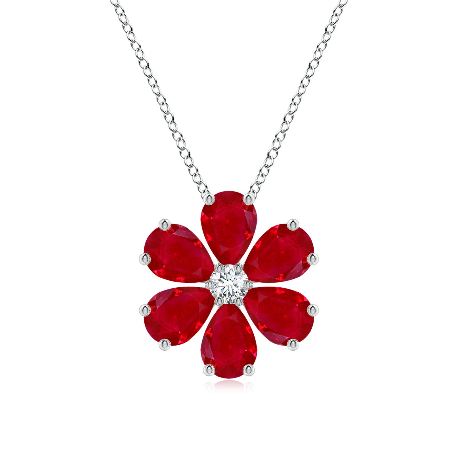 7x5mm AAA Ruby Flower Cluster Pendant with Diamond in White Gold