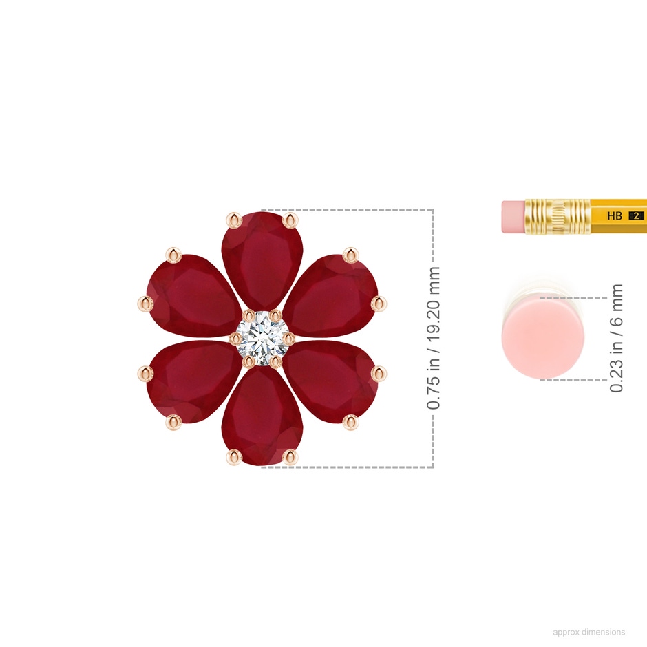 8x6mm AA Ruby Flower Cluster Pendant with Diamond in Rose Gold ruler