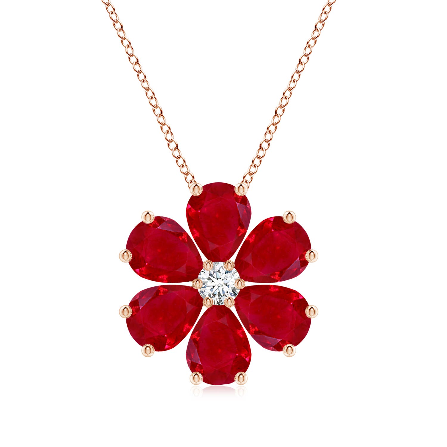 8x6mm AAA Ruby Flower Cluster Pendant with Diamond in 18K Rose Gold
