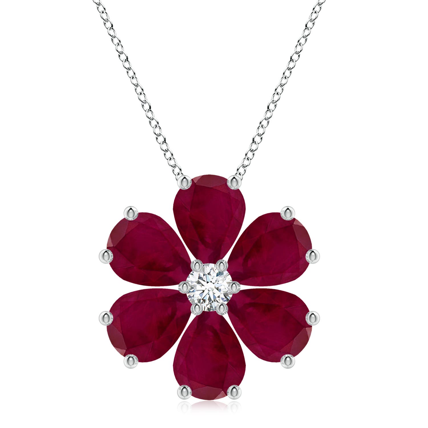 9x7mm A Ruby Flower Cluster Pendant with Diamond in 18K White Gold