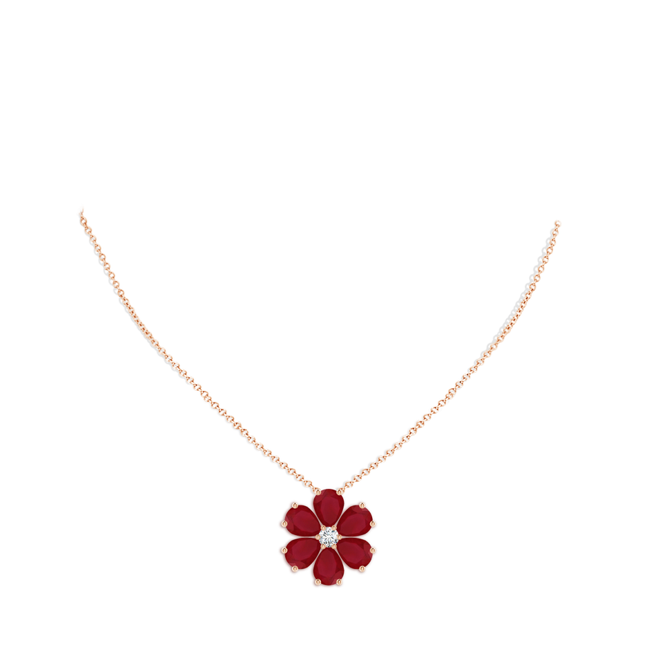 9x7mm AA Ruby Flower Cluster Pendant with Diamond in Rose Gold pen