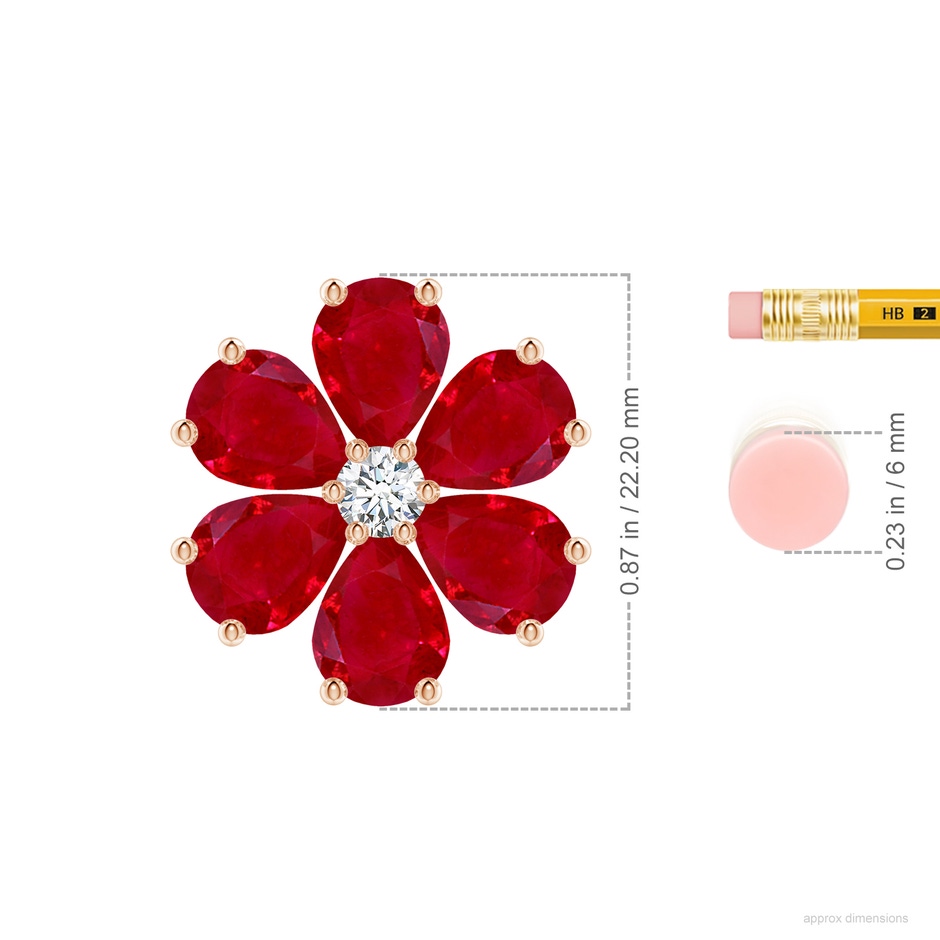 9x7mm AAA Ruby Flower Cluster Pendant with Diamond in Rose Gold ruler