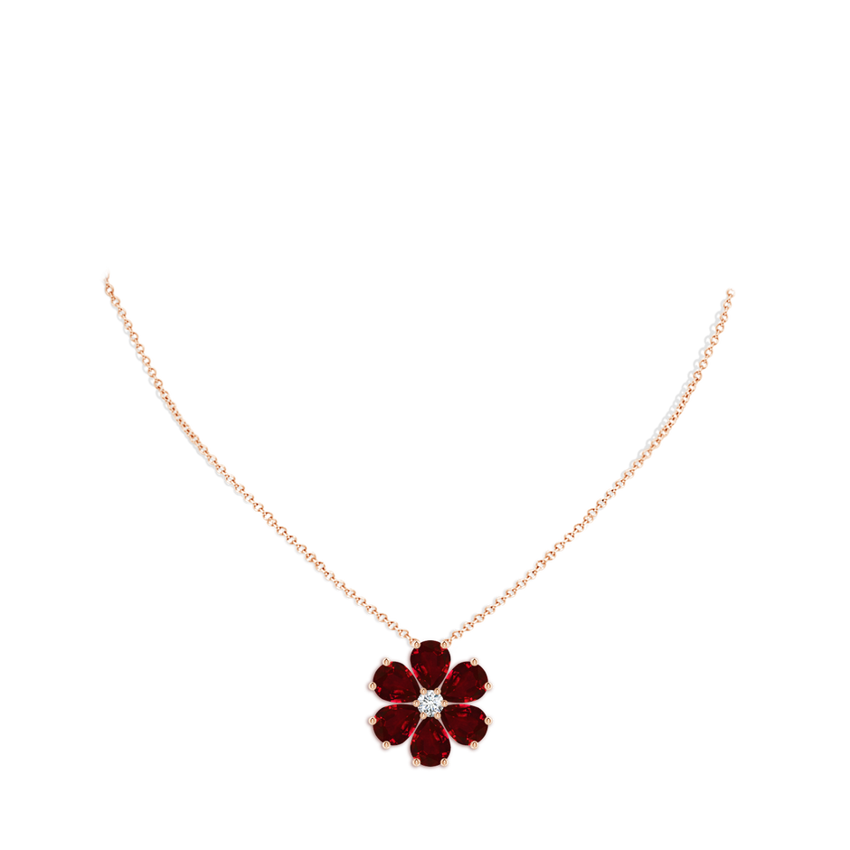 9x7mm AAAA Ruby Flower Cluster Pendant with Diamond in Rose Gold pen