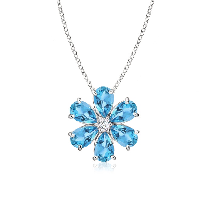 6x4mm AA Swiss Blue Topaz Flower Cluster Pendant with Diamond in White Gold 