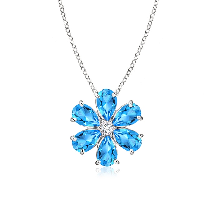 6x4mm AAAA Swiss Blue Topaz Flower Cluster Pendant with Diamond in White Gold