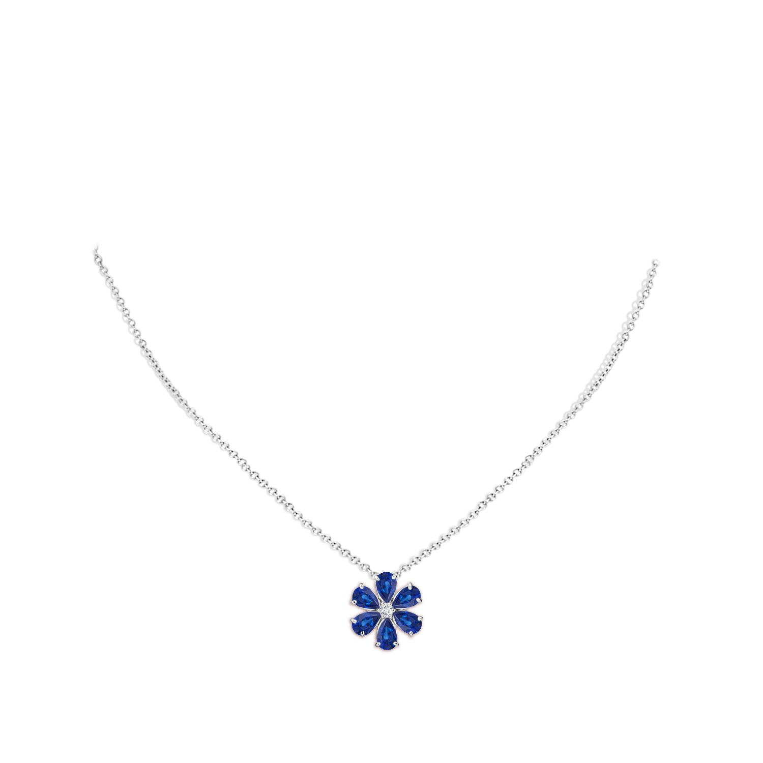 6x4mm AAA Blue Sapphire Flower Cluster Pendant with Diamond in White Gold - body_neck