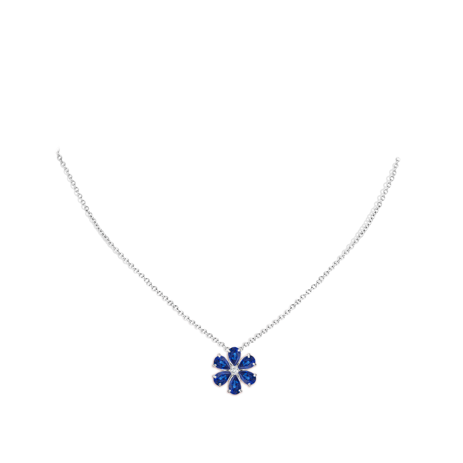 6x4mm AAA Blue Sapphire Flower Clustre Pendant with Diamond in White Gold pen