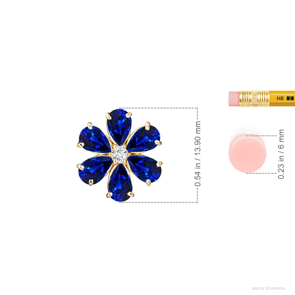 6x4mm AAAA Blue Sapphire Flower Cluster Pendant with Diamond in Yellow Gold ruler