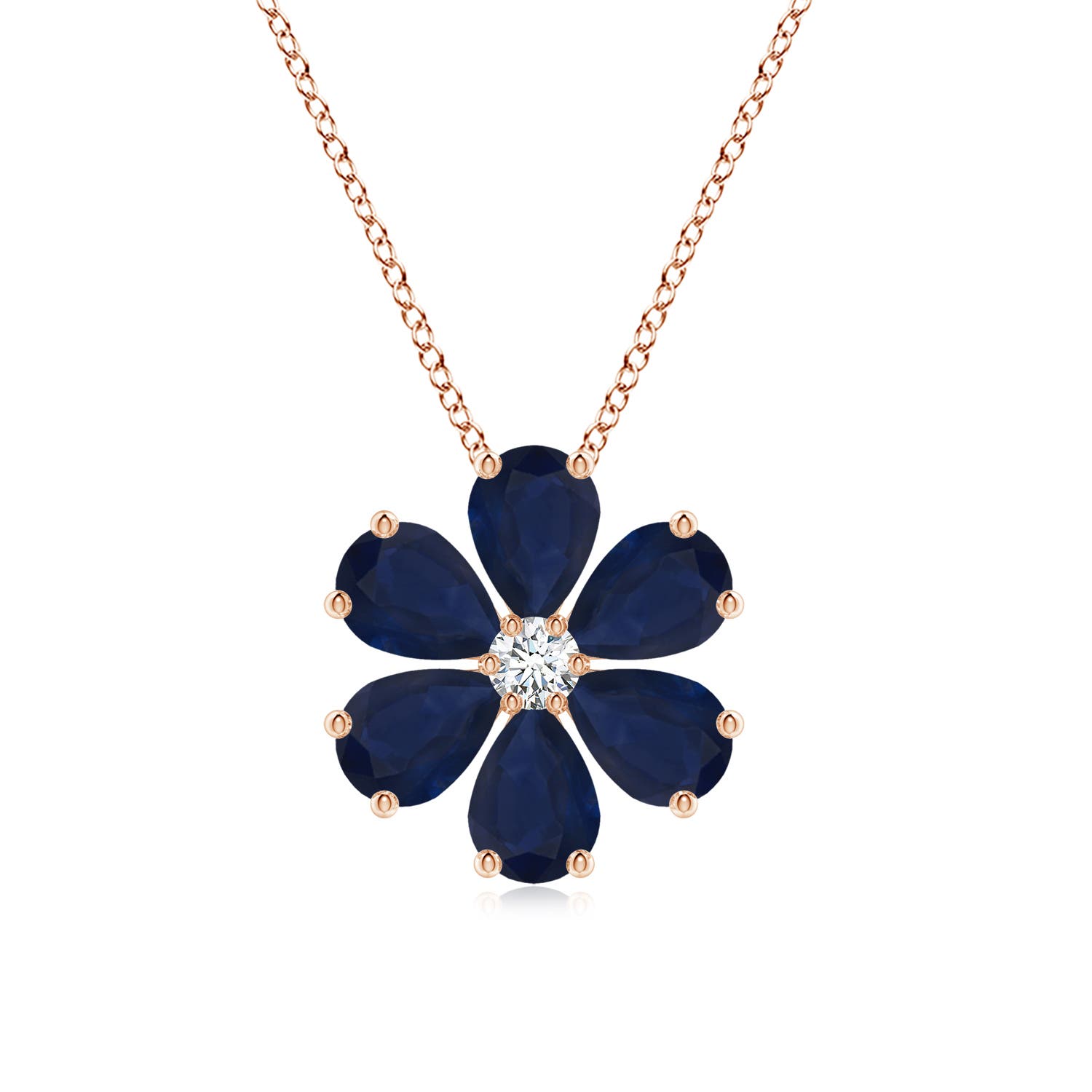7x5mm A Blue Sapphire Flower Cluster Pendant with Diamond in 18K Rose Gold