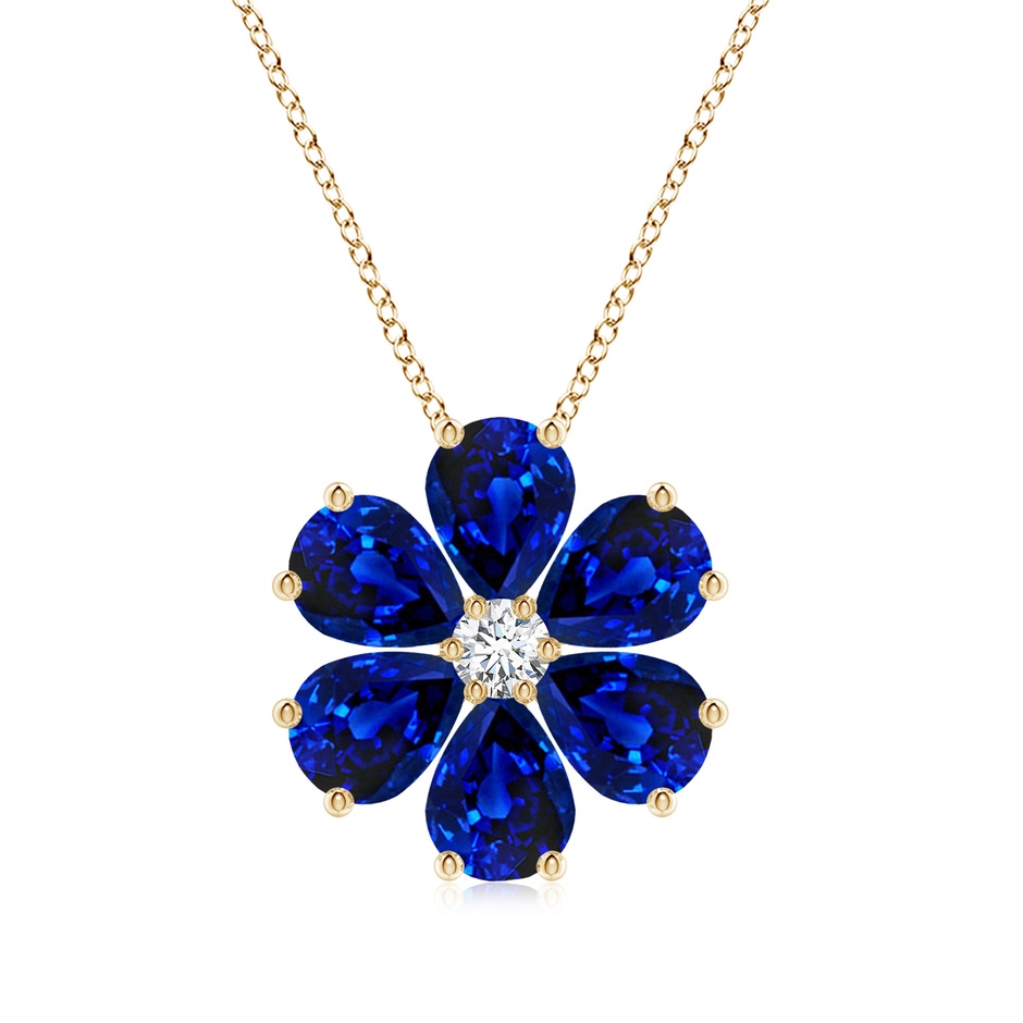 8x6mm Lab-Grown Blue Sapphire Flower Clustre Pendant with Diamond in Yellow Gold 